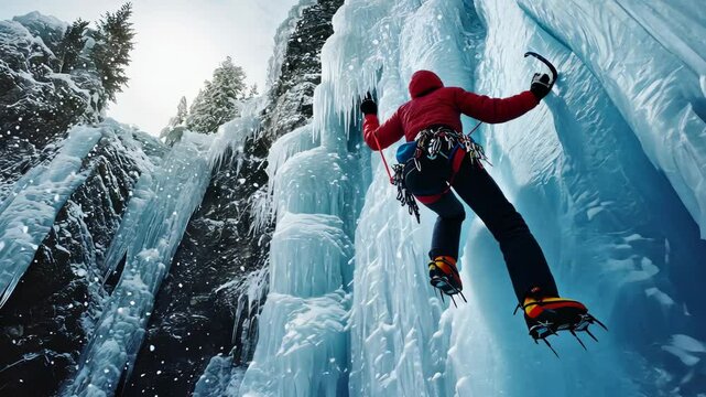 Ice climber hanging mid-climb on a frozen waterfall, with ice tools and crampons digging into the sparkling ice. . Video