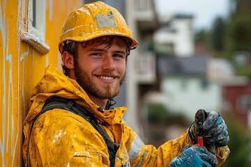 Construction worker painting building exterior urban area portrait photography daylight close-up craftsmanship