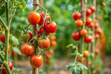 Wild tomato plant with ripe red tomatoes supported by a cane