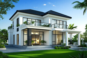 Two-story modern two-dimensional villa design, white walls and black tiles with glass windows on the first-floor balcony. The house has green lawns in front of it, surrounded by trees and plants.