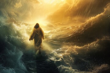 Fototapeta premium A calm figure strides confidently through crashing waves as golden light breaks through stormy clouds, embodying hope and tranquility in turmoil.