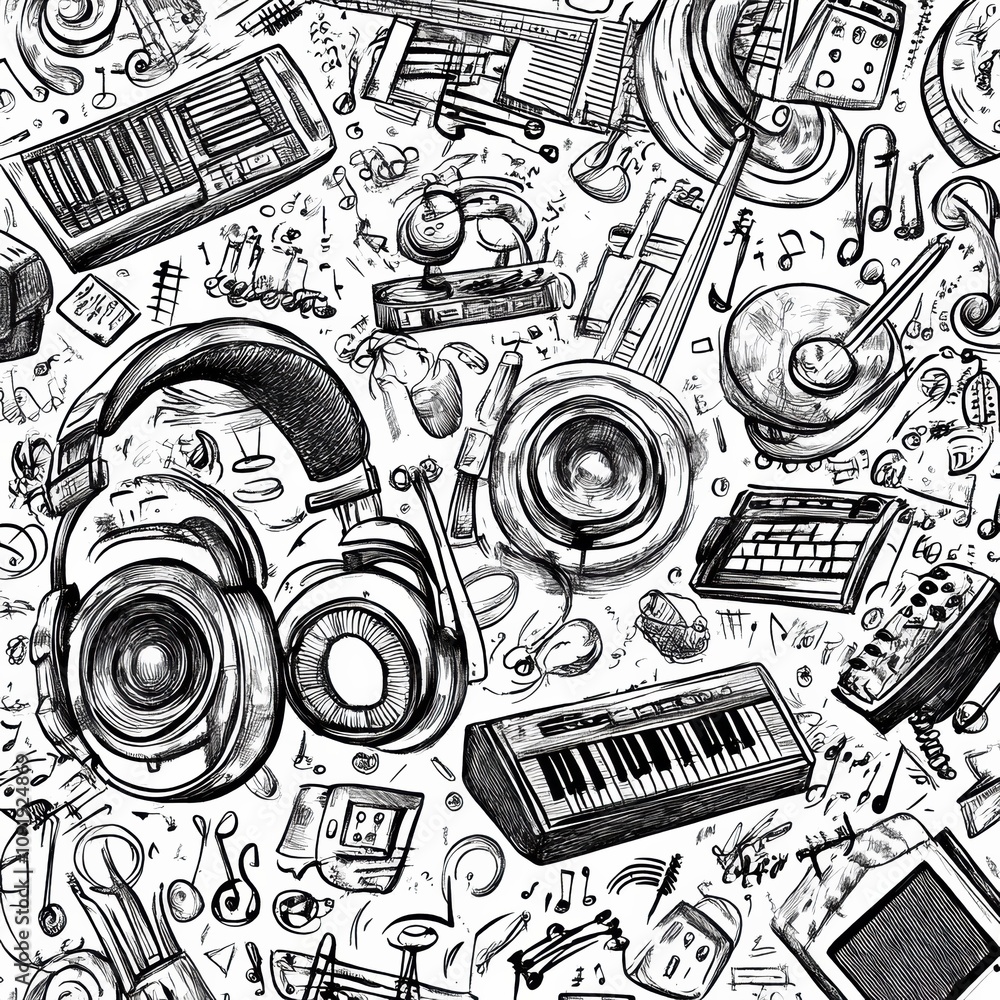 Poster a unique doodle pattern showcases musical instruments, notes, speakers, and headphones, combining ar
