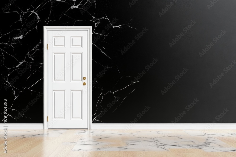 Poster Ajar door with simple, bold lines showing light escaping into a dark, empty space
