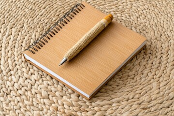 An eco-friendly agenda book with recycled paper pages and a wooden cover, paired with a natural fiber pen
