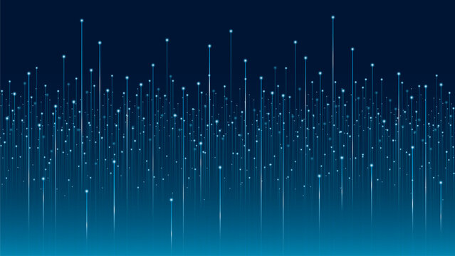 A abstract illustration with vertical lines and glowing points on a dark blue background. This futuristic illustration symbolizes science and technology, data transmission, and digital communication.