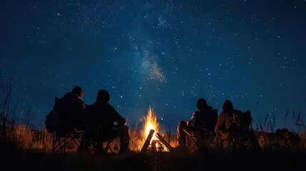 Fototapeta premium A group of friends around a campfire, their silhouettes set against the night sky