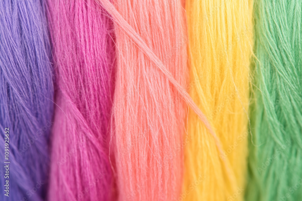 Poster a row of colorful yarns with a rainbow effect