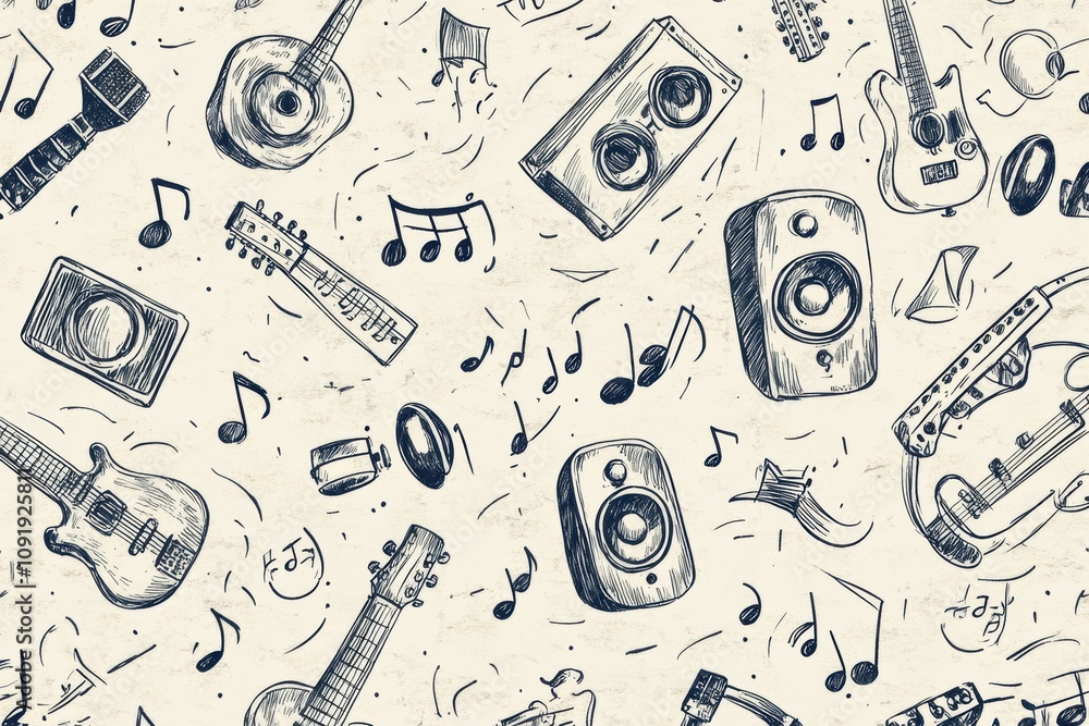 Poster Doodle pattern filled with an array of musical instruments, notes, headphones, and sound waves, highlighting a vibrant music theme. Generative AI