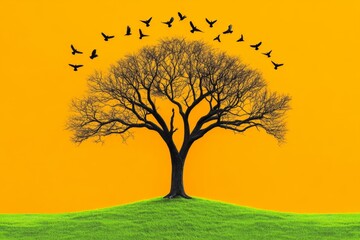Flat 2D design of an aging tree with birds perched on its branches, highlighting simplicity and serenity