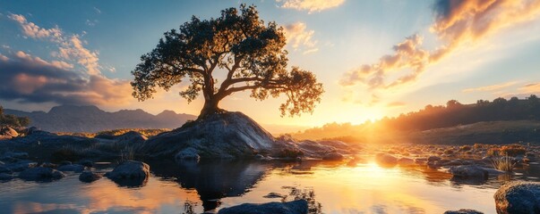 Naklejka premium Lone tree standing on rock in the middle of river at sunset