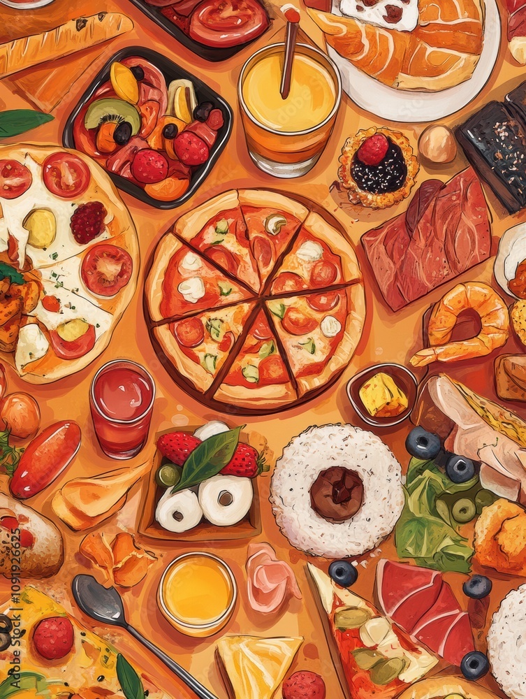 Poster a lively collection of doodle illustrations showcases an array of foods such as pizza, sushi, fruits