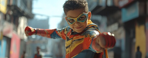 Young superhero boy wearing costume and mask smiling in city street