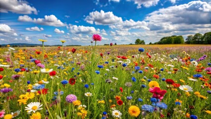 Obraz premium A sweeping shot of a field of diverse wildflowers stretching as far as the eye can see on a warm summer day, view, colorful