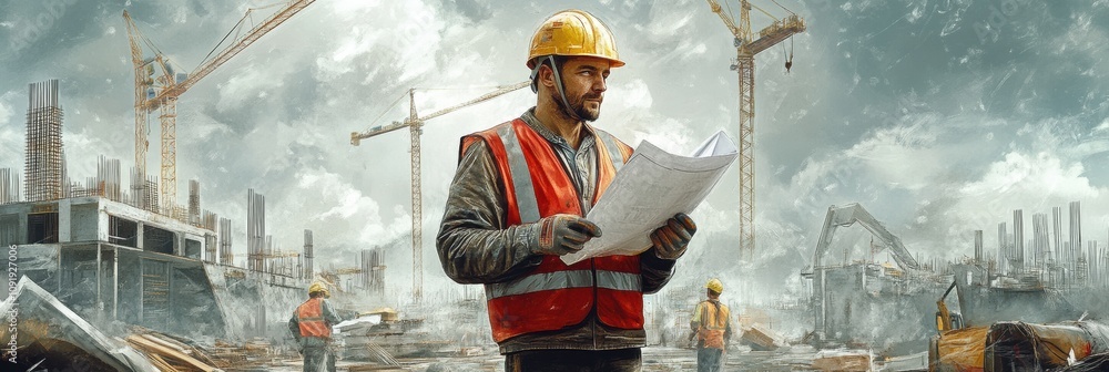 Leinwandbilder an engineer stands at a construction site, analyzing blueprints while workers operate cranes and mac