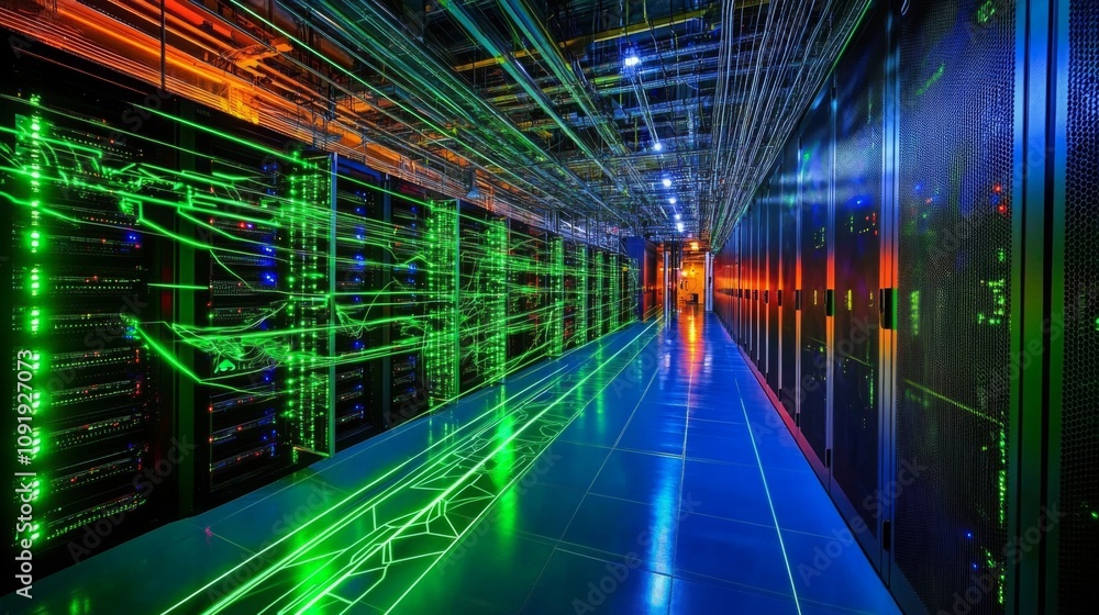 Poster a server room with rows of servers on each side of a long, blue-lit hallway. green glowing lights st