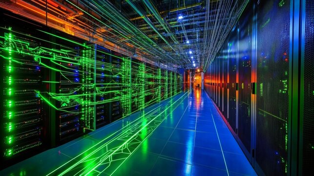 A server room with rows of servers on each side of a long, blue-lit hallway. Green glowing lights streak across the room.