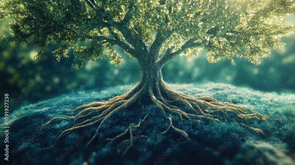 Poster symbolic representation of the tree of life showcases its intertwining branches and roots, emphasizi