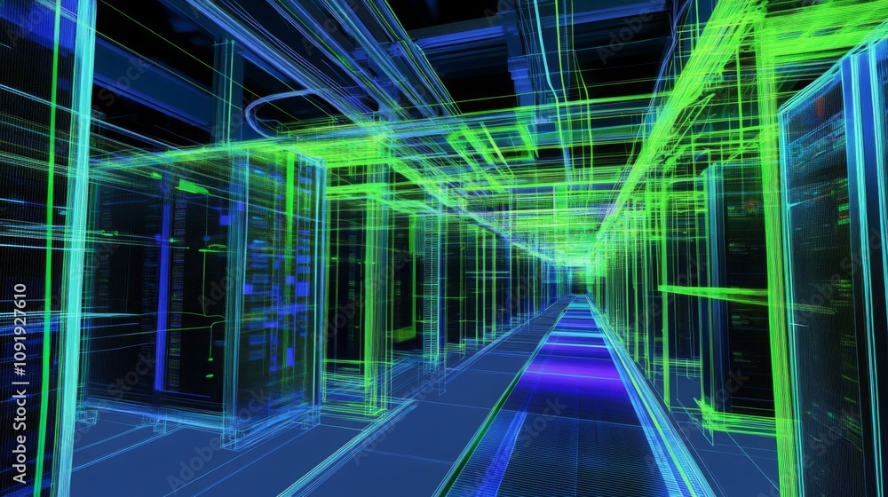 Fototapete A digital rendering of a server room, showing rows of servers and a pathway. The servers are outlined in glowing green and blue lines, and the pathway is illuminated by a bright purple line.