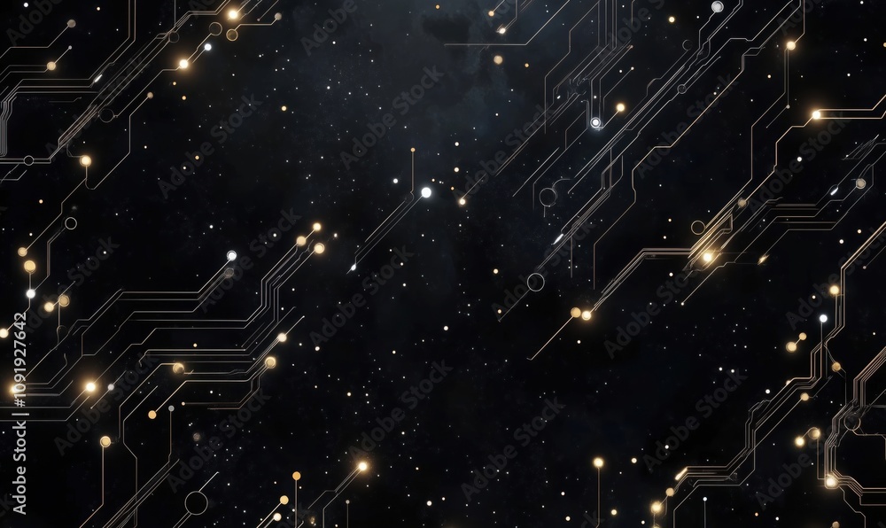 Poster futuristic circuit design in space, intricate patterns of glowing lines and nodes against dark cosmi