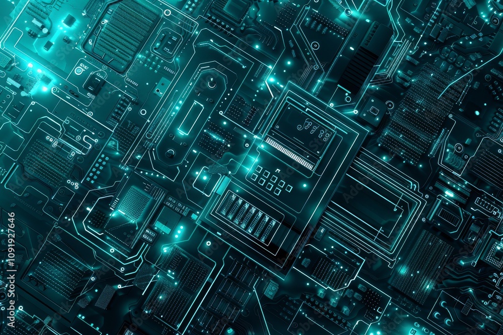 Poster a detailed view of a circuit board showcasing glowing patterns and intricate designs that highlight 