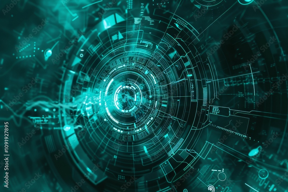 Poster an intricate pattern of swirling green digital graphics fills the space, illustrating advanced techn