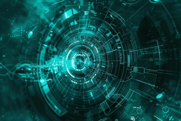 An intricate pattern of swirling green digital graphics fills the space, illustrating advanced technology and a sense of infinite depth and complexity.