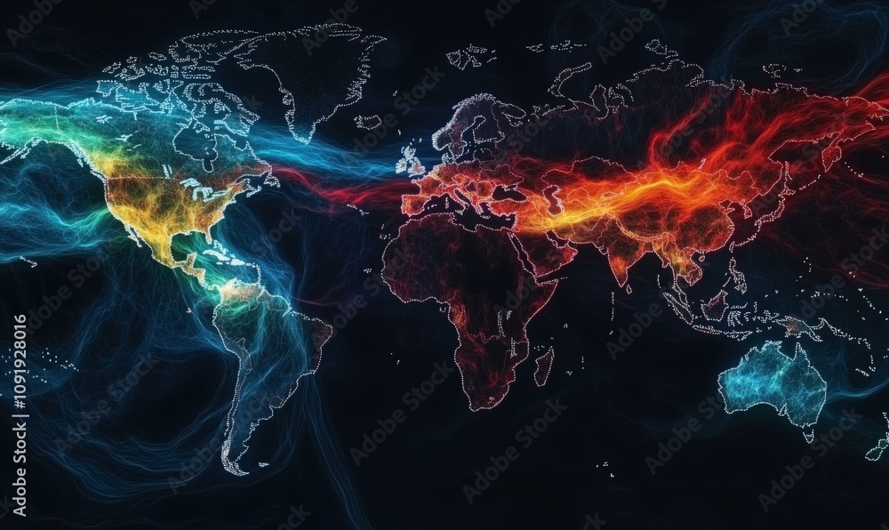 Aufkleber colorful abstract world map with flowing energy patterns, vibrant colors representing different regi