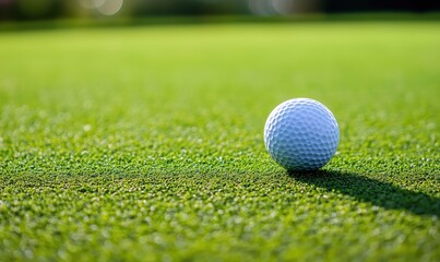 Obraz premium Golf ball on green grass, close-up view, showcasing texture and detail of golf ball and putting surface