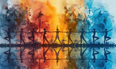 A series of yoga poses in silhouette, each against a backdrop of serene watercolor washes