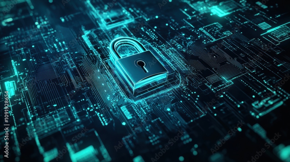 Poster This digital abstract background combines padlocks and keys, symbolizing security and data protection in a high-tech environment. Generative AI