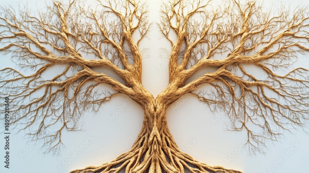 Aufkleber An abstract representation showcases a tree with intricate, intertwining branches and roots, embodying themes of growth and interconnection. Generative AI