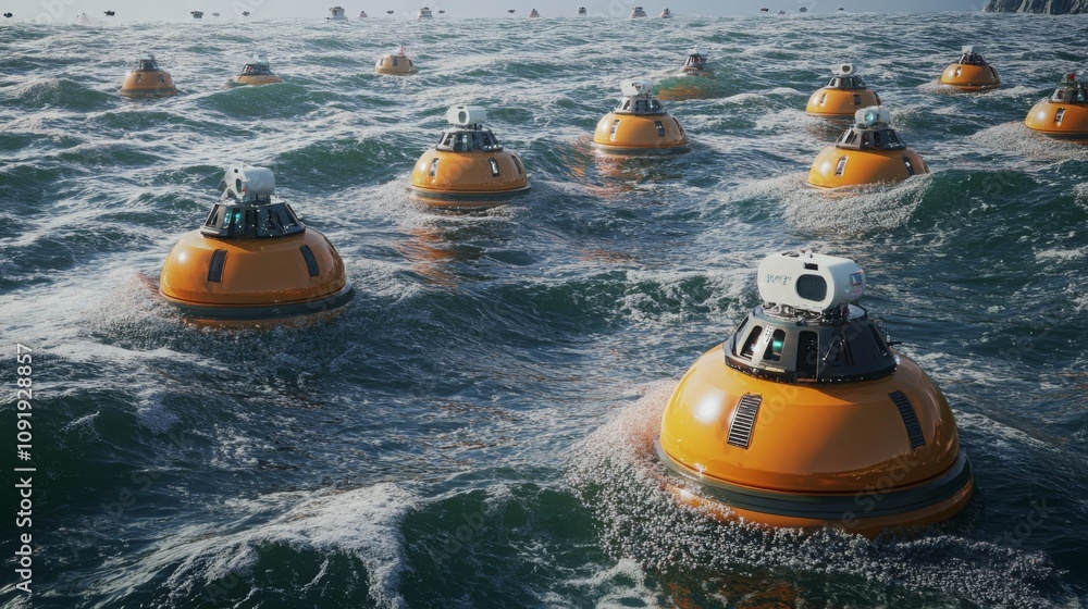 Aufkleber A group of bright orange monitoring devices is bobbing on the surface of the ocean under clear skies. These devices collect data to study marine environments and ocean conditions during daytime.