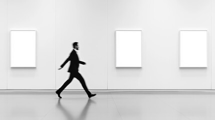 Obraz premium A man walks through a minimalist gallery.