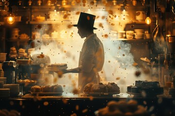A silhouette of a baker in a kitchen, with a whimsical background of floating pastries and sweets