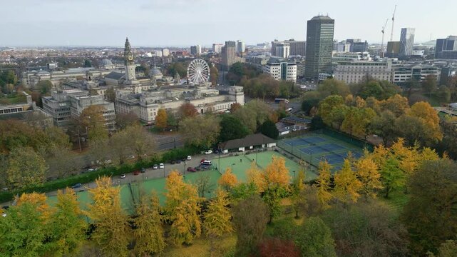 Aerial view of Cardiff city hall with autumn colours