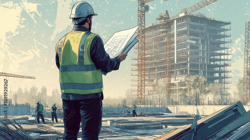 Poster an engineer stands on a construction site, focused on blueprints while monitoring construction activ