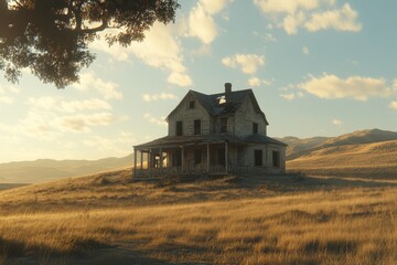 Abandoned Victorian House Surrounded by Golden Grassy Field Under Soft Blue Sky and Whimsical Clouds at Sunrise