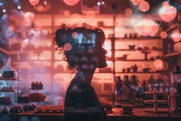 A silhouette of a baker in a kitchen, with a whimsical background of floating pastries and sweets
