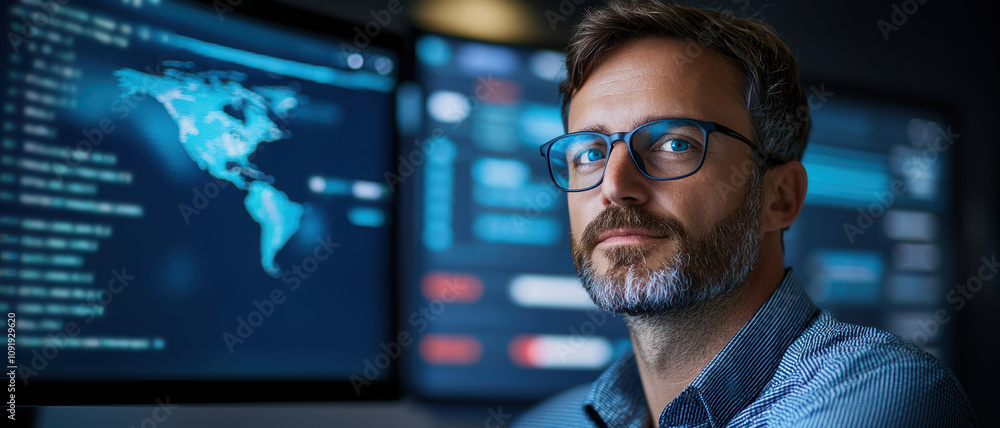 Poster seo ideas for ecommerce for retail. professional man analyzing data on multiple screens in a tech en