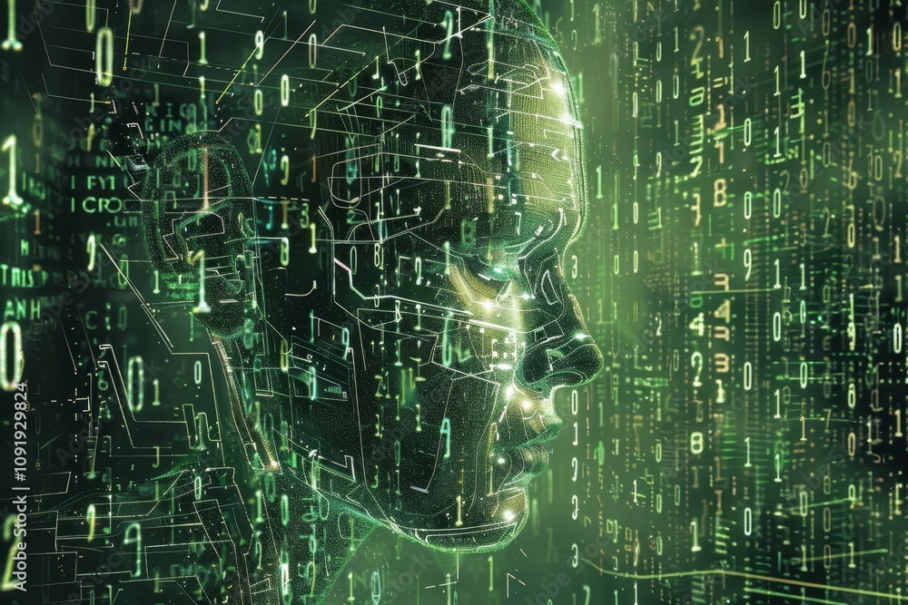 Poster this artwork showcases a digital face of artificial intelligence immersed in a matrix of flowing bin