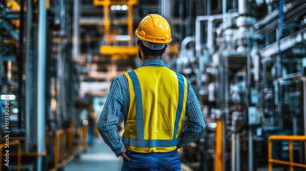 Poster an engineer in a safety vest and helmet observes machinery in an industrial factory environment, ana