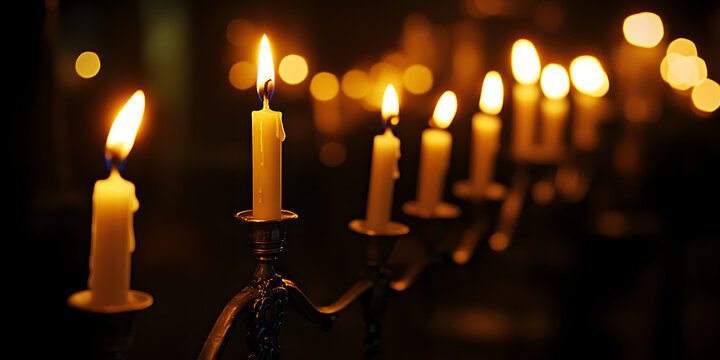 Menor&aacute; com velas acesas e dreidels azuis