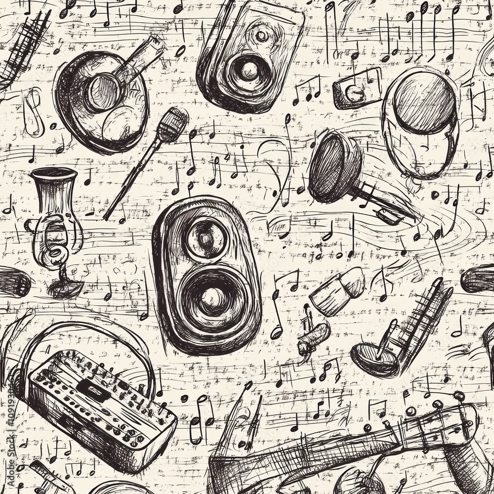 Poster This playful doodle pattern showcases various musical instruments, notes, and sound elements that create an engaging visual rhythm. Generative AI