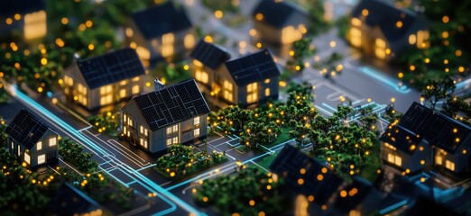 Obraz premium Smart homes with solar panels and greenery, illuminated at night, showcasing modern urban planning and sustainability