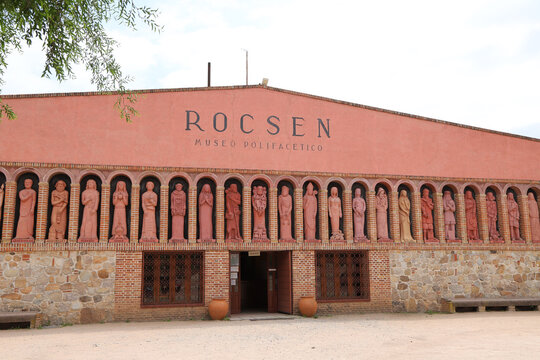 
Facade of the Rocsen Multifaceted Museum in Nono, C&oacute;rdoba. Argentina. Building decorated with statues of famous people.