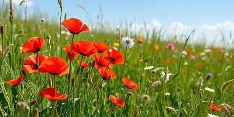 Naklejka premium A vibrant patch of red poppies adds a pop of color to the lush summer meadow as wildflowers sway in the wind, red poppies, field of flowers
