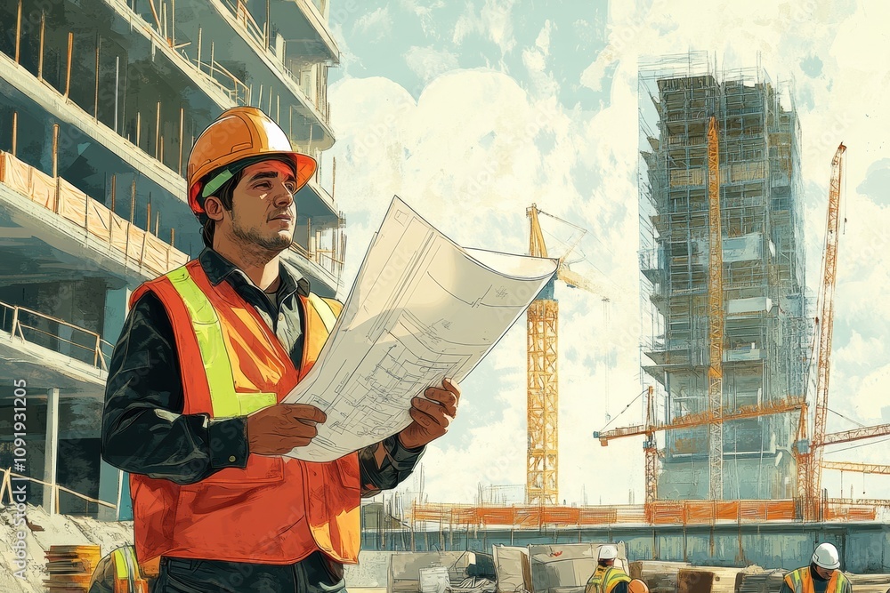 Aufkleber an engineer stands on a bustling construction site, focusing intently on blueprints as cranes and wo