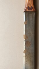 A worn and weathered machete with a wooden handle, showing signs of use and wear, cutting, used, worn