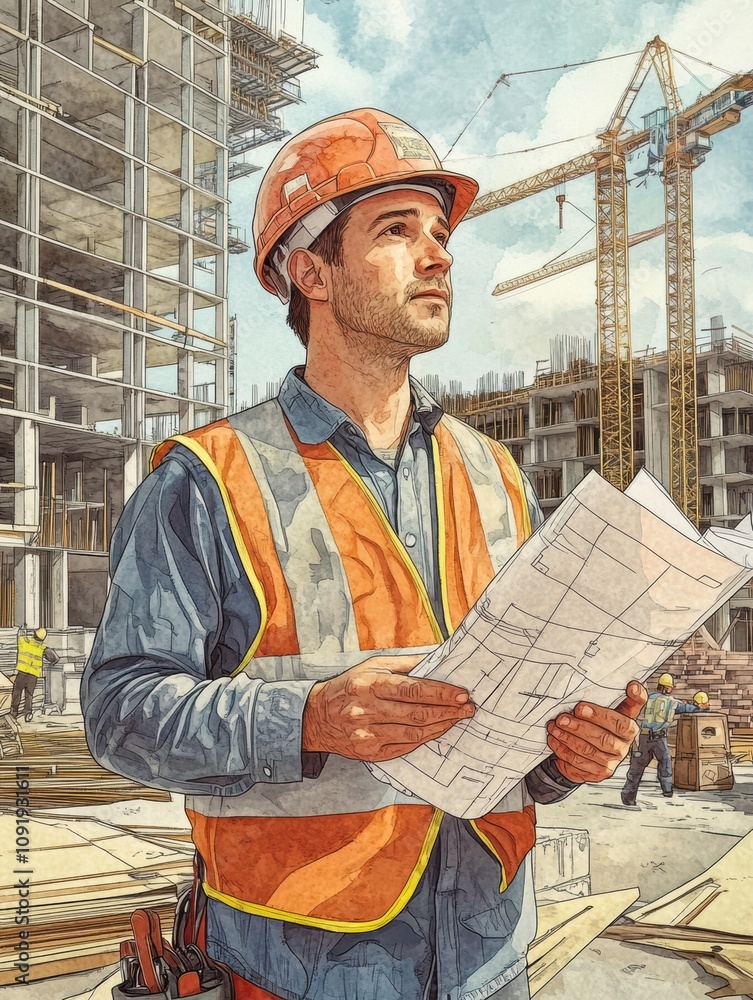Leinwandbilder an engineer stands on a construction site, studying blueprints as workers and cranes operate around 