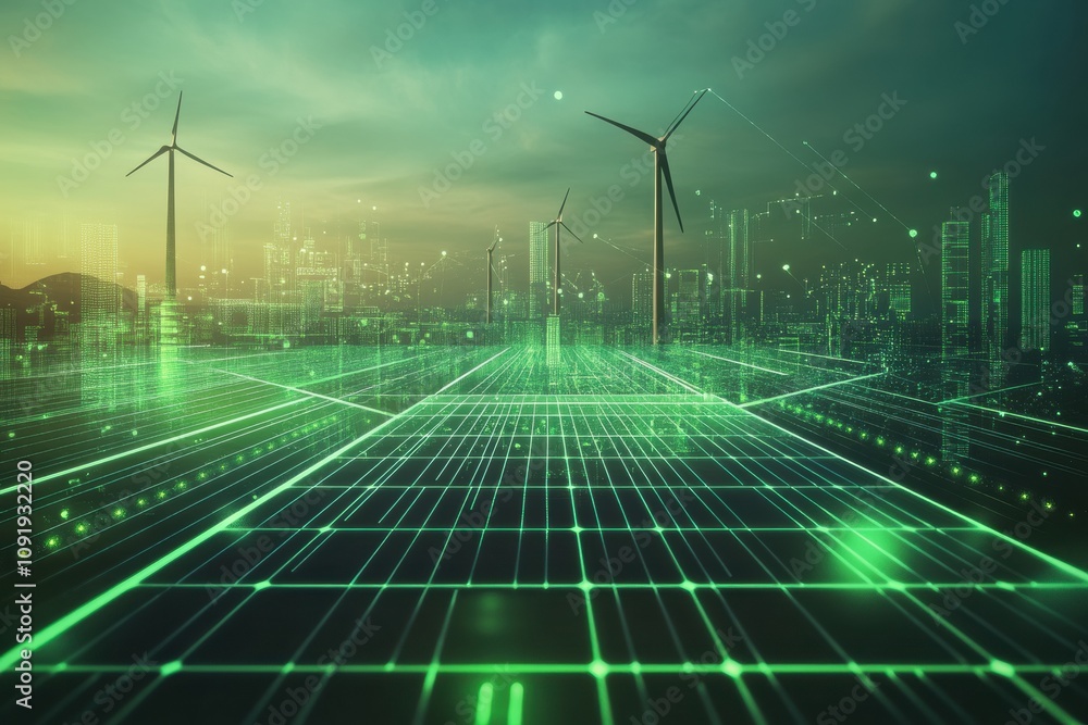 Poster A modern energy scene features solar panels and wind turbines amid a minimal backdrop, with abstract green patterns adding light. Generative AI